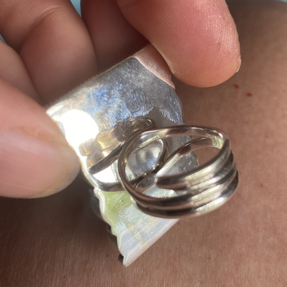 Turquoise In Rows Rectangle Statement Ring  Adjustable Sterling Silver Ring - Picture 3 of 4